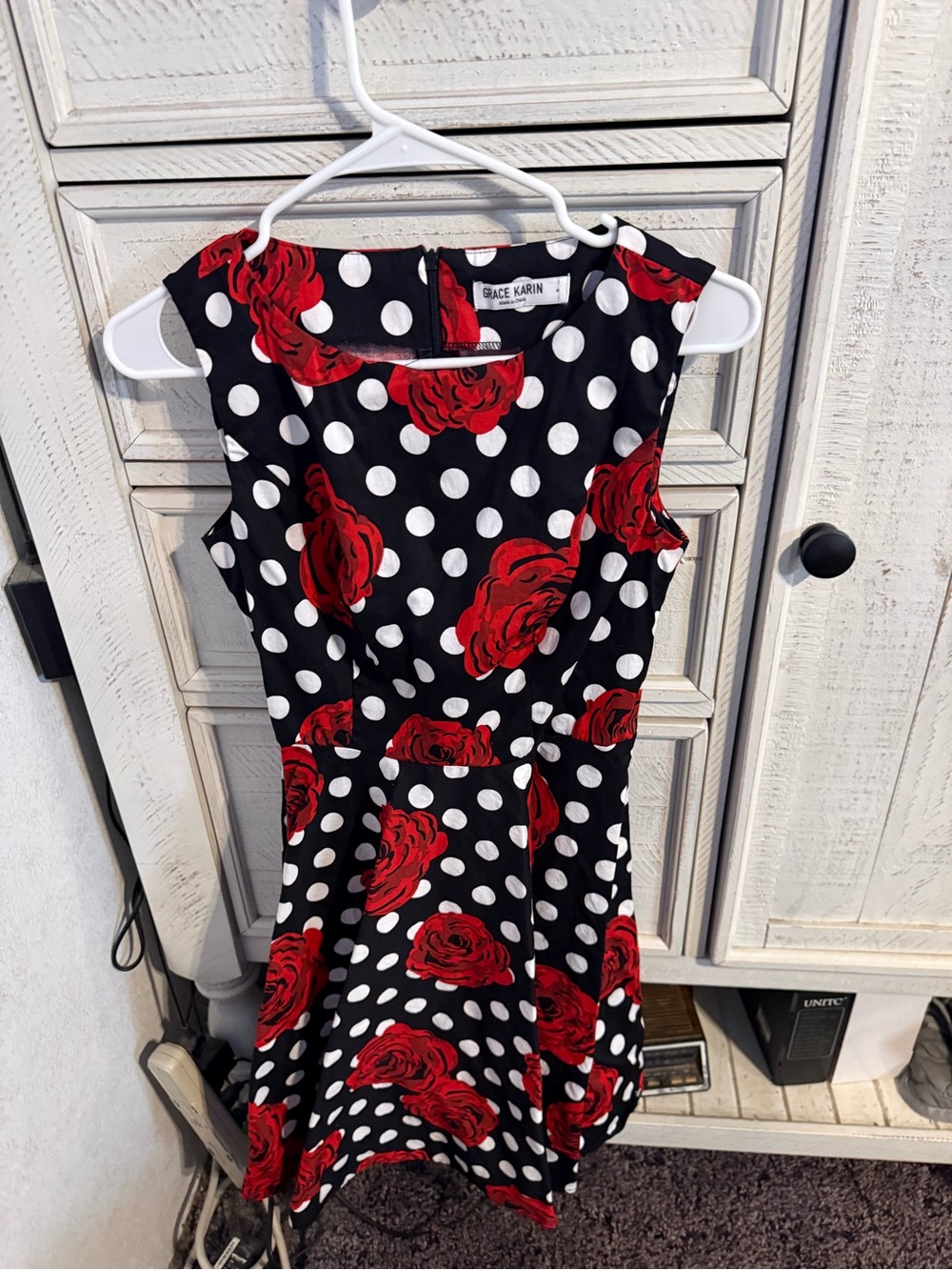 Grace Karin Black Polka Dot Dress with Red Rose Print